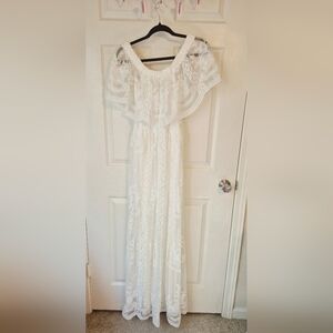 Dress Day Elegant Beachy White Off‎ Shouler Lace Maxi Dress New Size M
